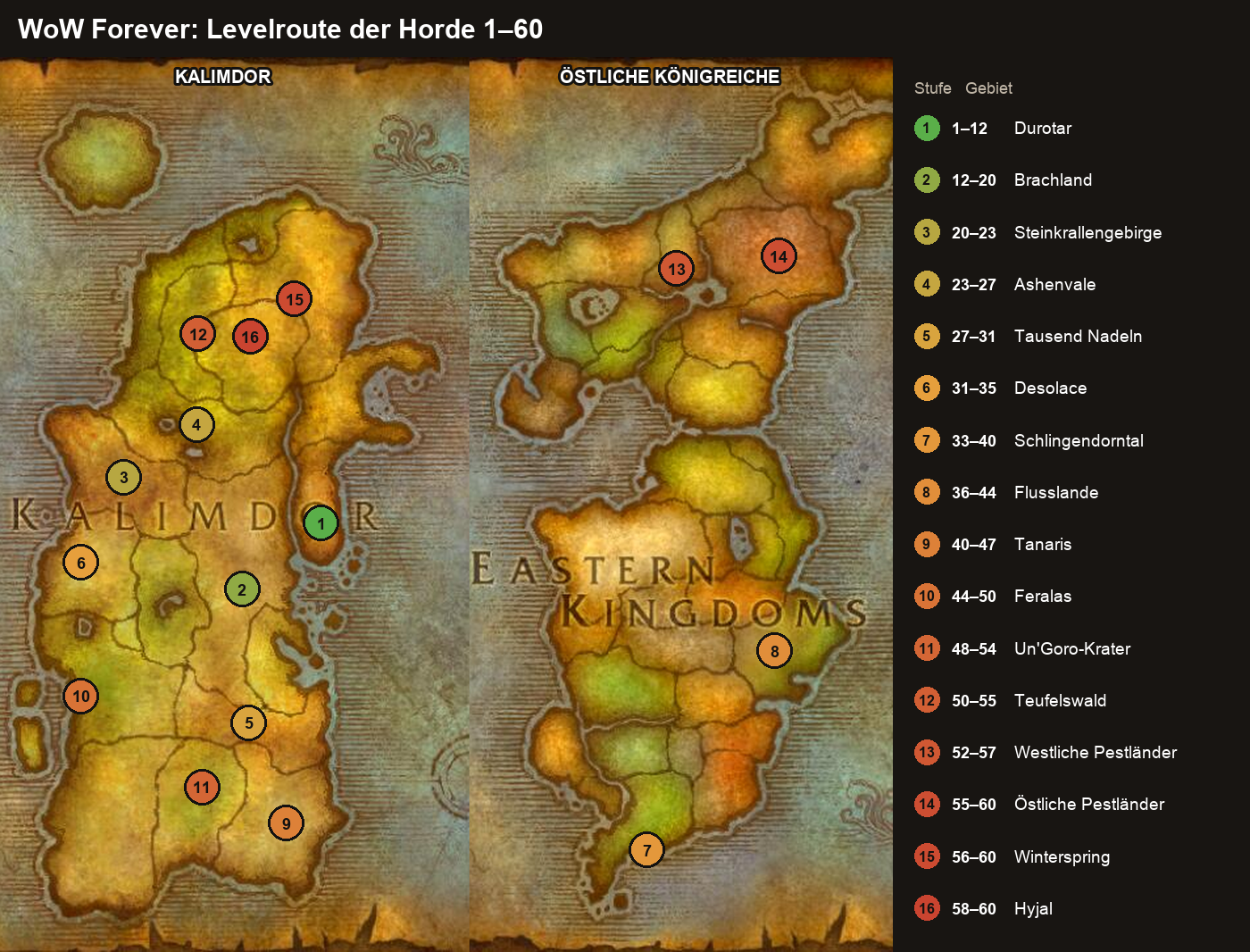 Levelroute der Horde 1–60 in WoW Forever auf der Karte von Kalimdor und den Östlichen Königreichen