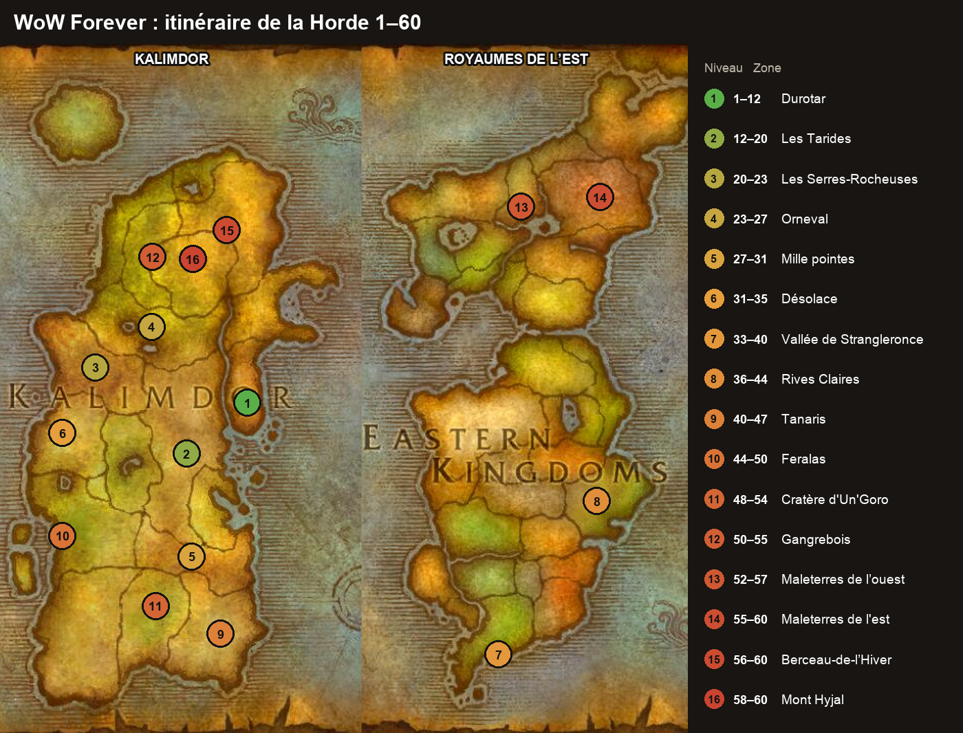 Itinéraire de leveling de la Horde 1–60 dans WoW Forever sur la carte de Kalimdor et des Royaumes de l’Est