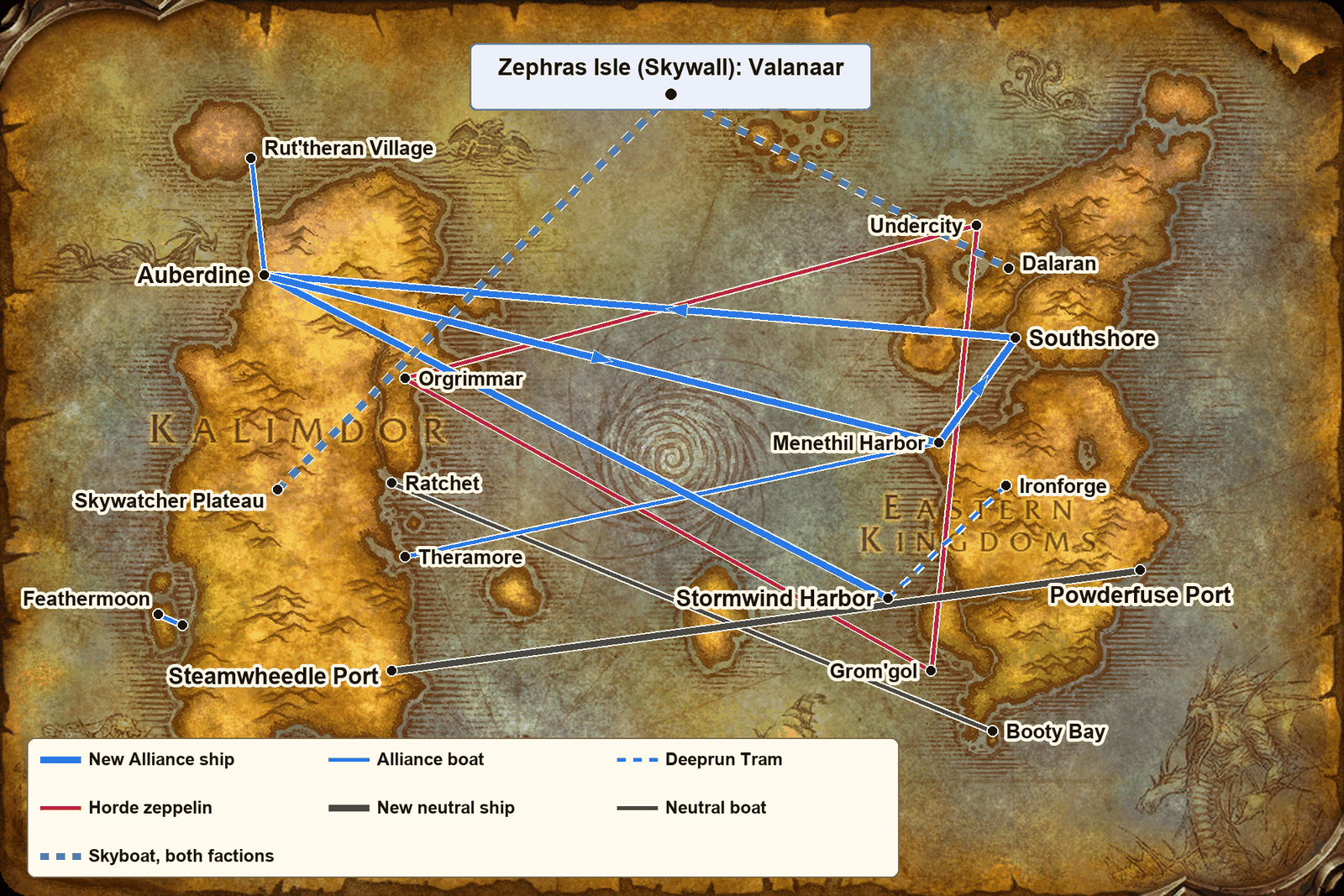 WoW Forever travel map with every boat, zeppelin, skyboat and tram route