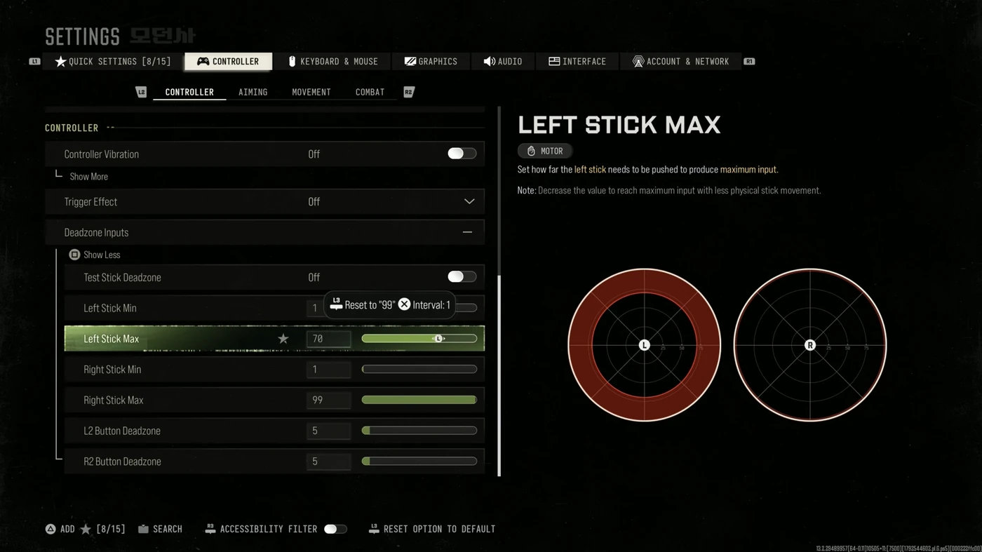 Die Totzonen-Einstellungen für den Controller in MW4 mit linkem Stick Max. auf 70 und rechtem Stick Max. auf 99