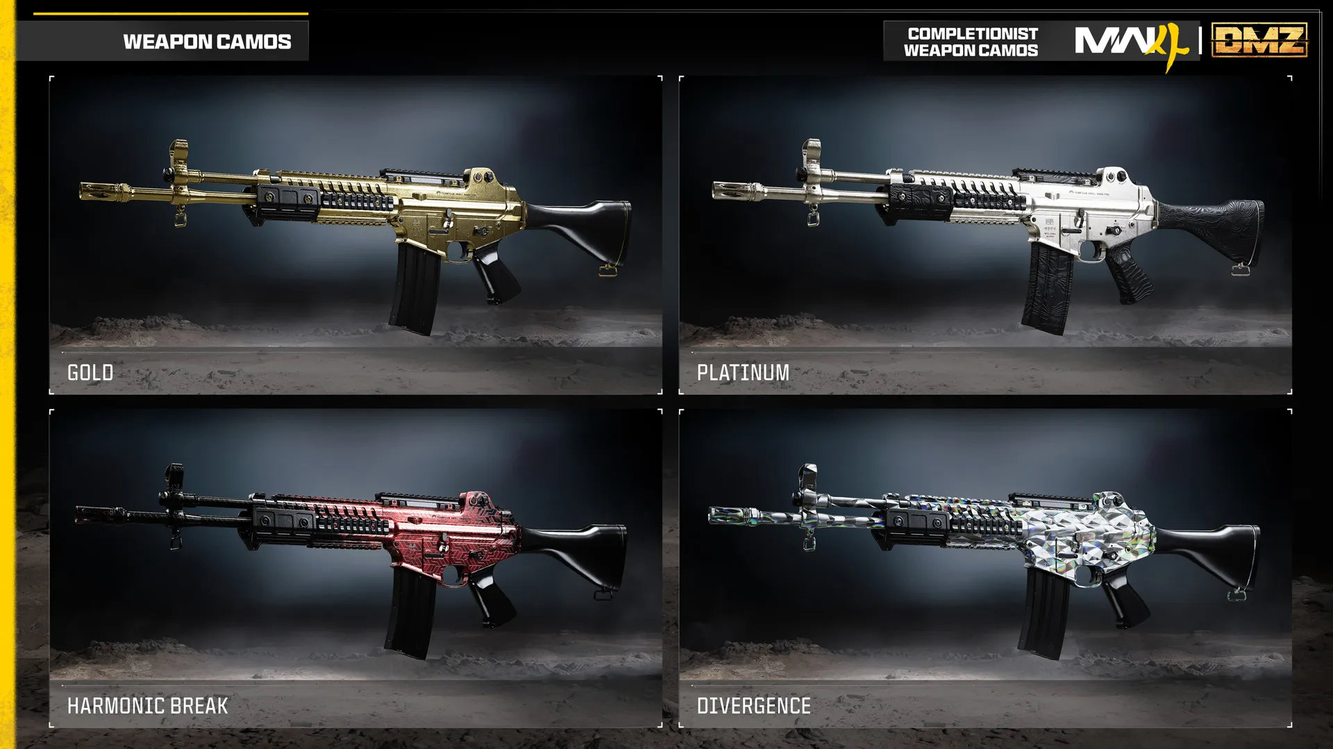 Der Bildschirm der Tarnungsauswahl der M4 in MW4 mit ausgerüsteter Gold-Tarnung und der Platin-Herausforderung