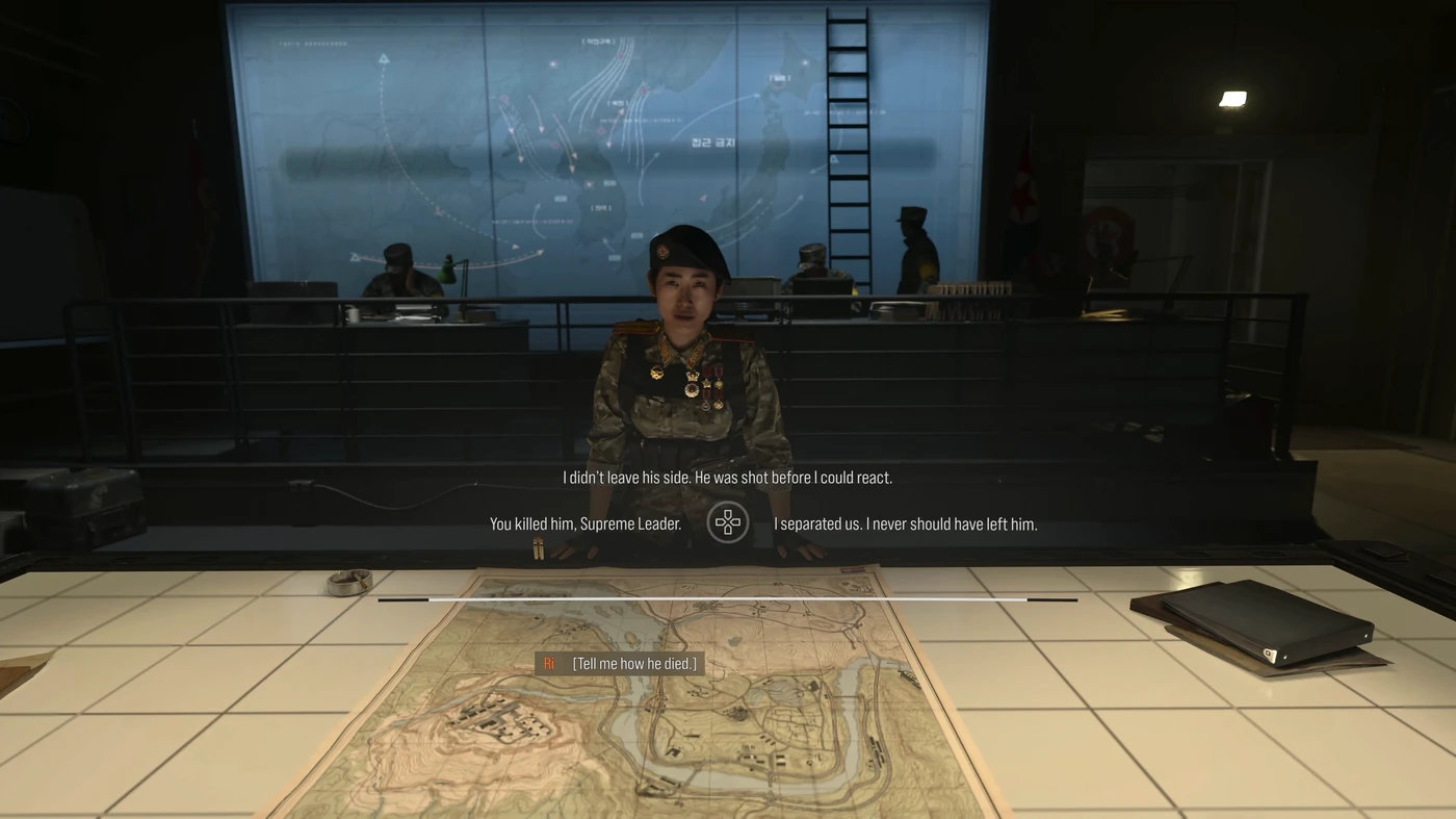 Commander Ri asking Ko how her brother died, with three answers on the dialogue wheel in MW4 Stranded