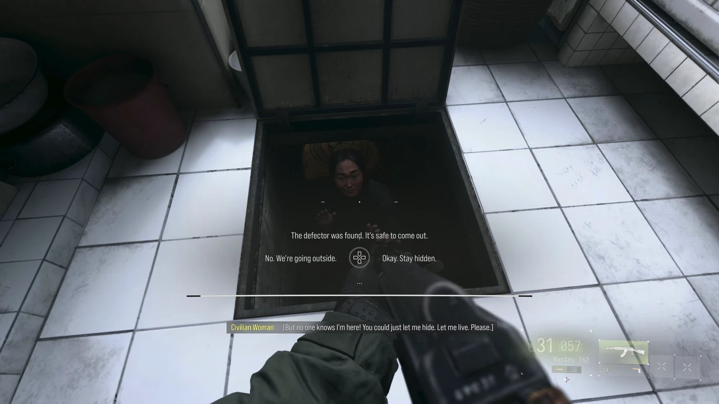 The hatch choice in MW4 Following Orders with the options to bring the woman out or let her stay hidden