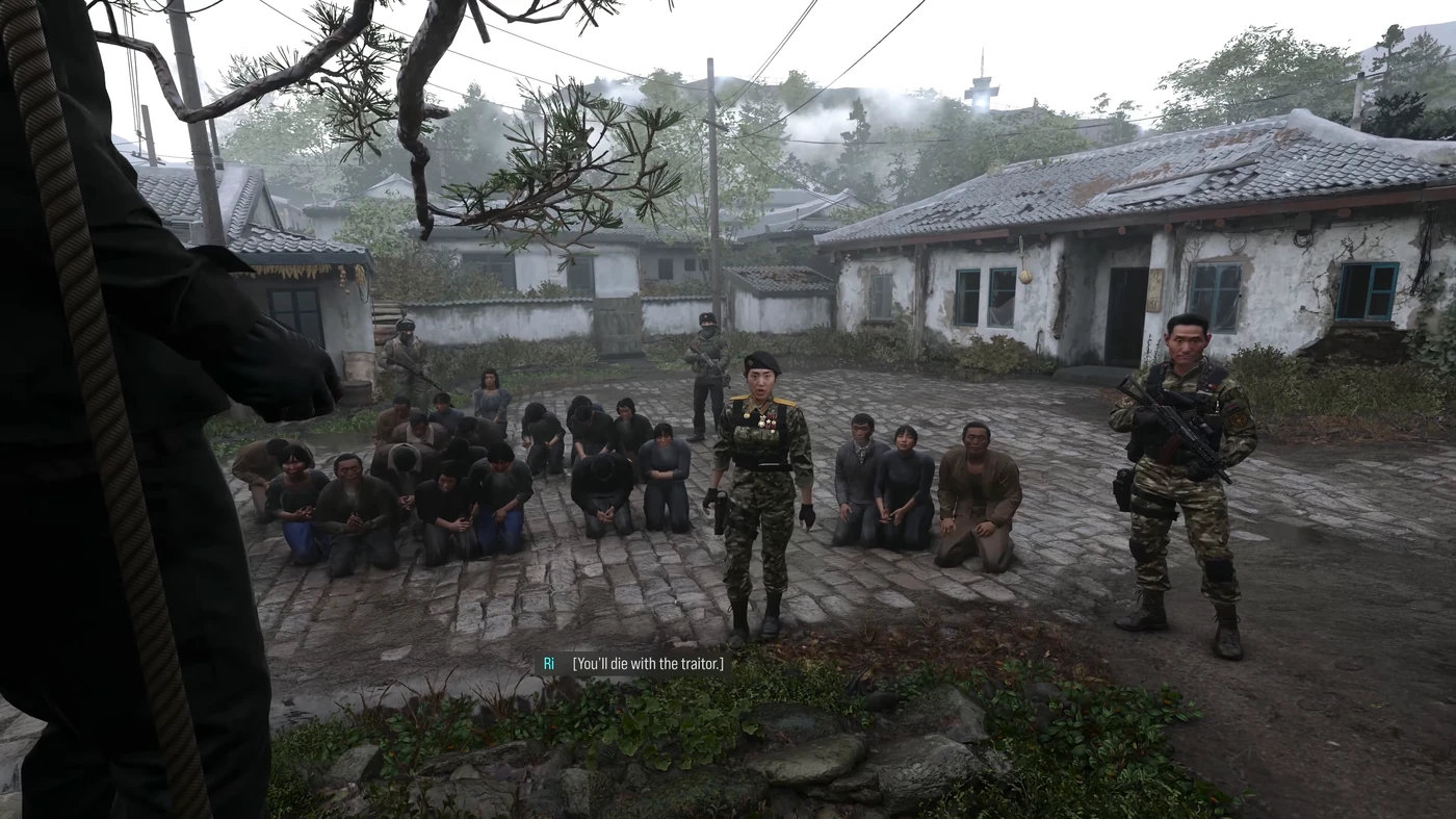 The village square at the end of the Following Orders mission in MW4, with Commander Ri and Ko in front of the villagers