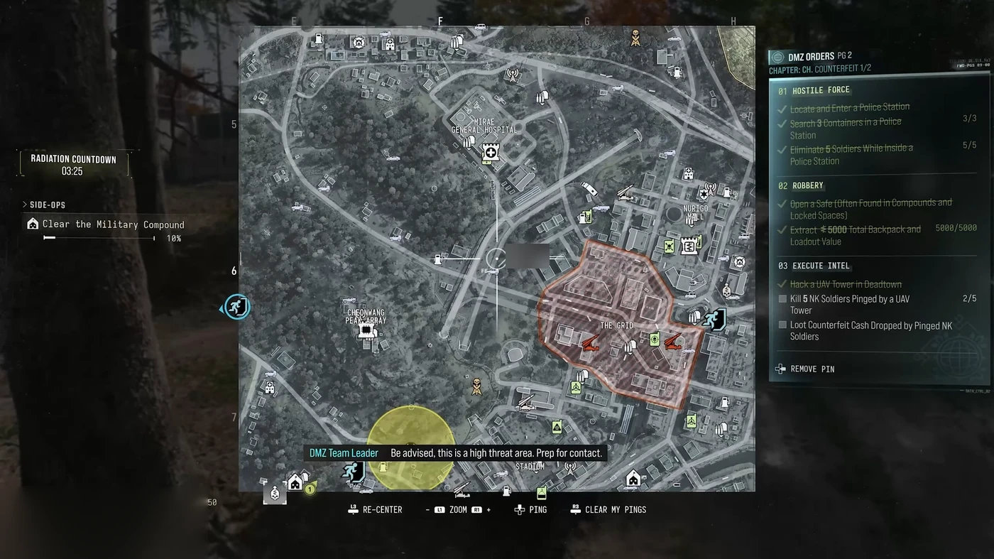 The Hajin tactical map in MW4 DMZ with The Grid marked as a high threat zone and DMZ Orders on the right