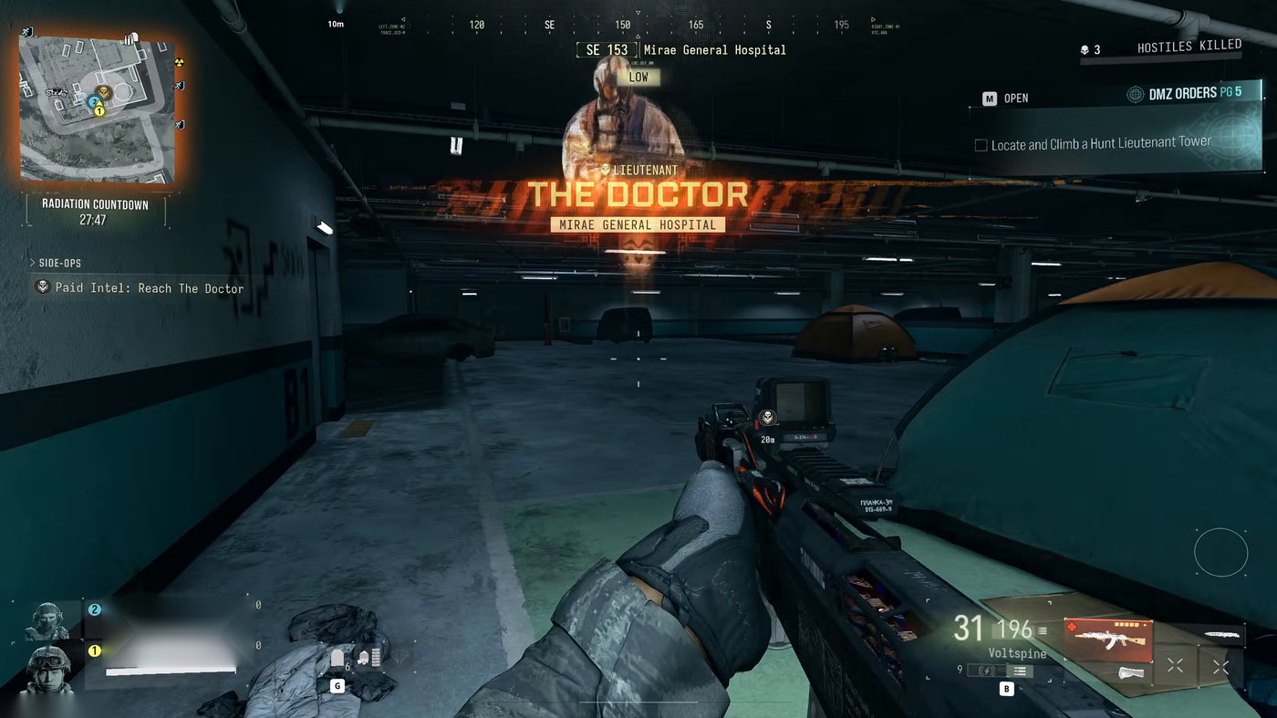 The Doctor Lieutenant intro card in the underground parking of Mirae General Hospital in MW4 DMZ