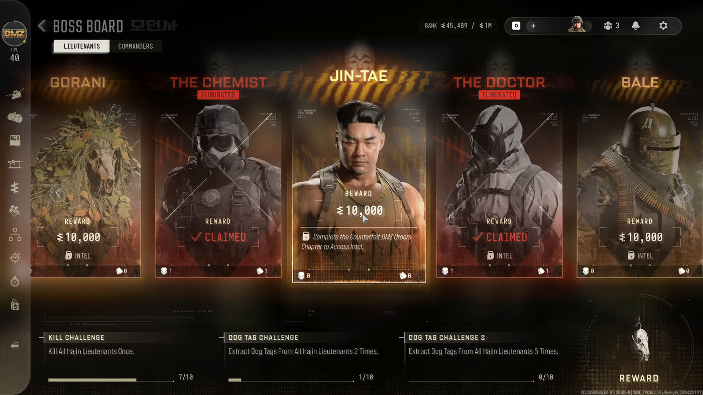 The Boss Board in MW4 DMZ with Lieutenant bounties of 10,000 DMZ Cash and the three Lieutenant challenges