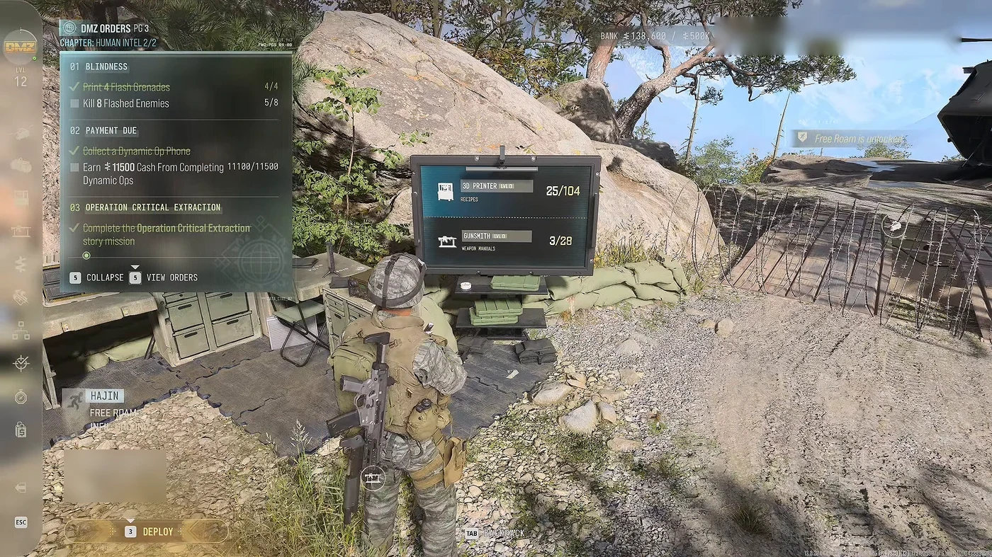 Die FOB in MW4 DMZ mit dem Monitor von 3D-Drucker und Büchsenmacher und dem Panel der DMZ Orders