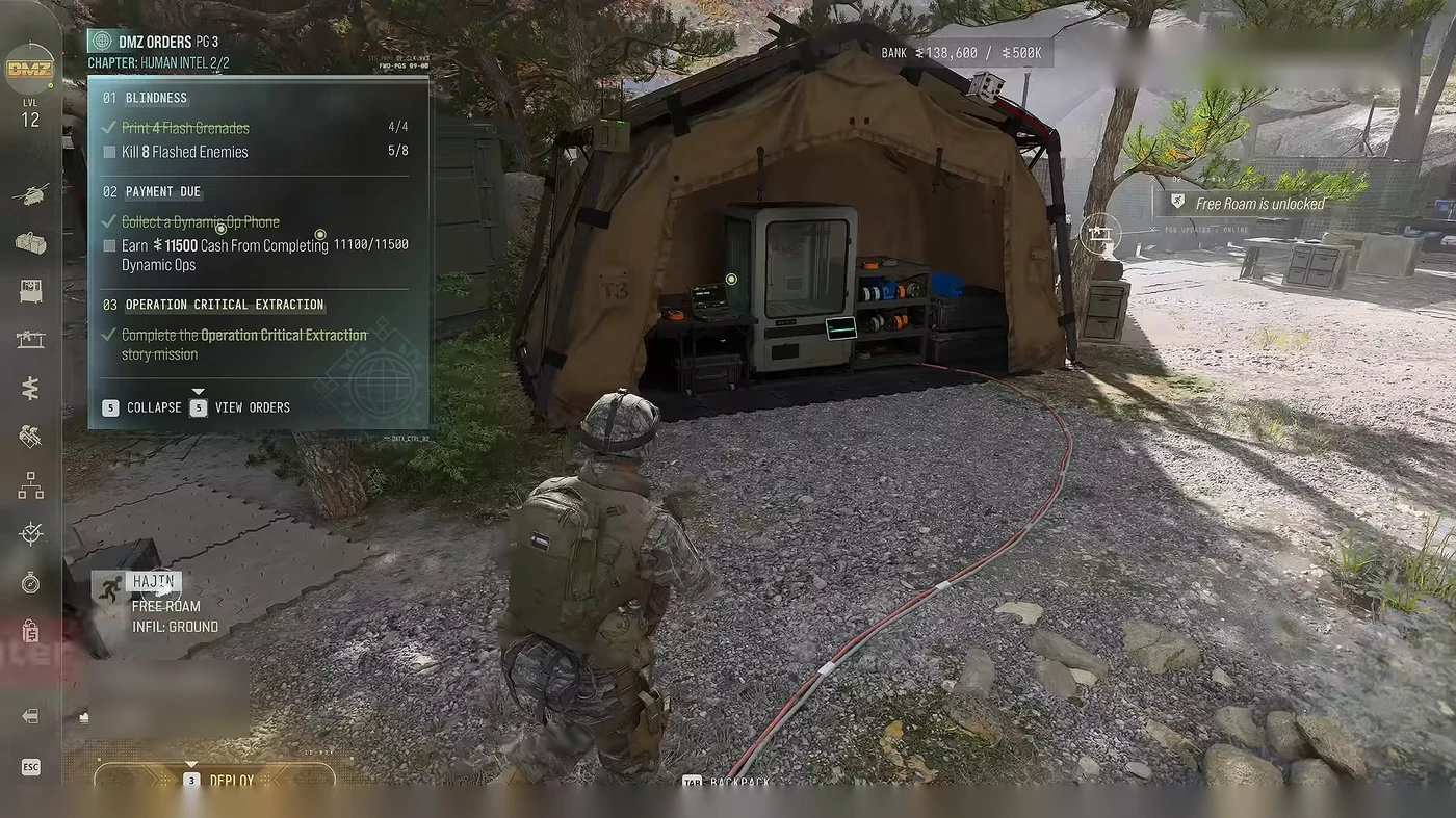 The 3D Printer tent at the FOB in MW4 DMZ with the Human Intel chapter of DMZ Orders on screen