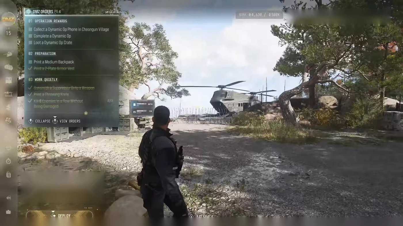 The FOB in MW4 DMZ with the DMZ Orders panel and the extraction helicopter in the background