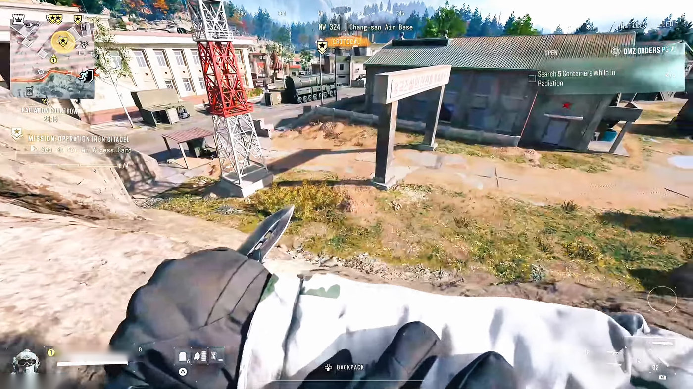 Approaching Chang-san Air Base during Operation Iron Citadel in MW4 DMZ, a Critical zone with weapon manual spawns