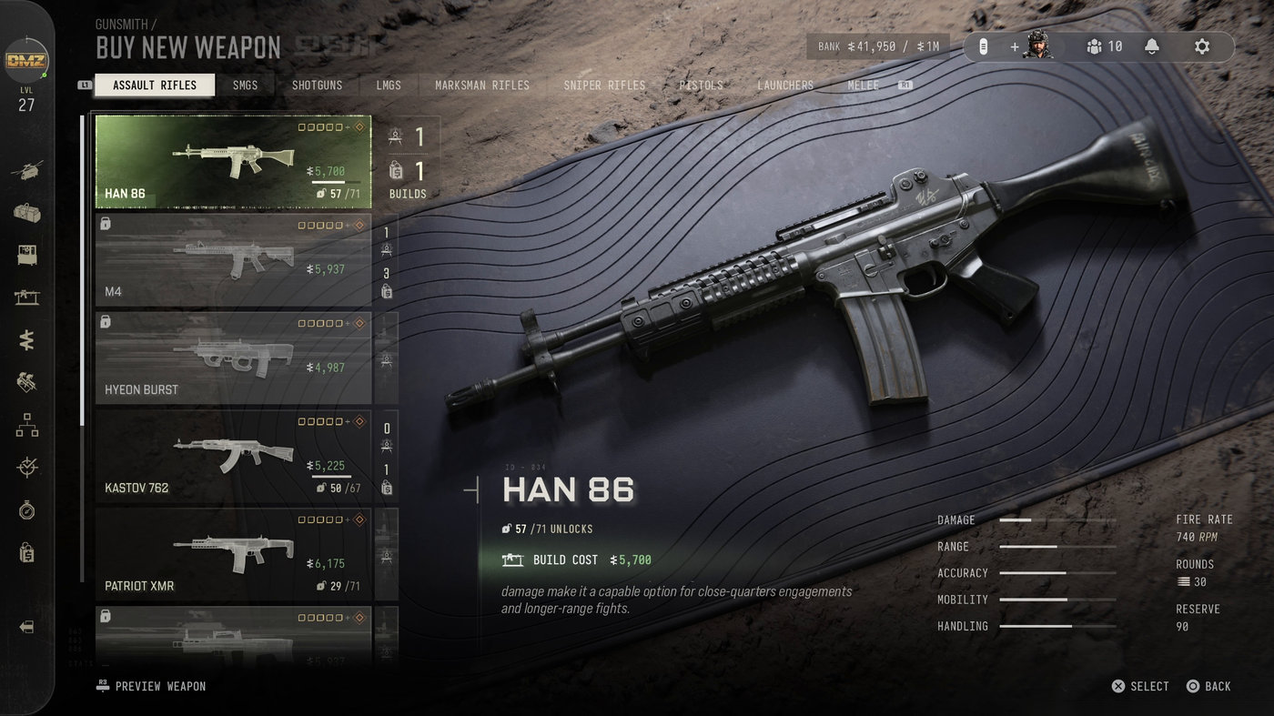 The Buy New Weapon screen of the MW4 DMZ Gunsmith with locked weapons that still need a Weapon Manual