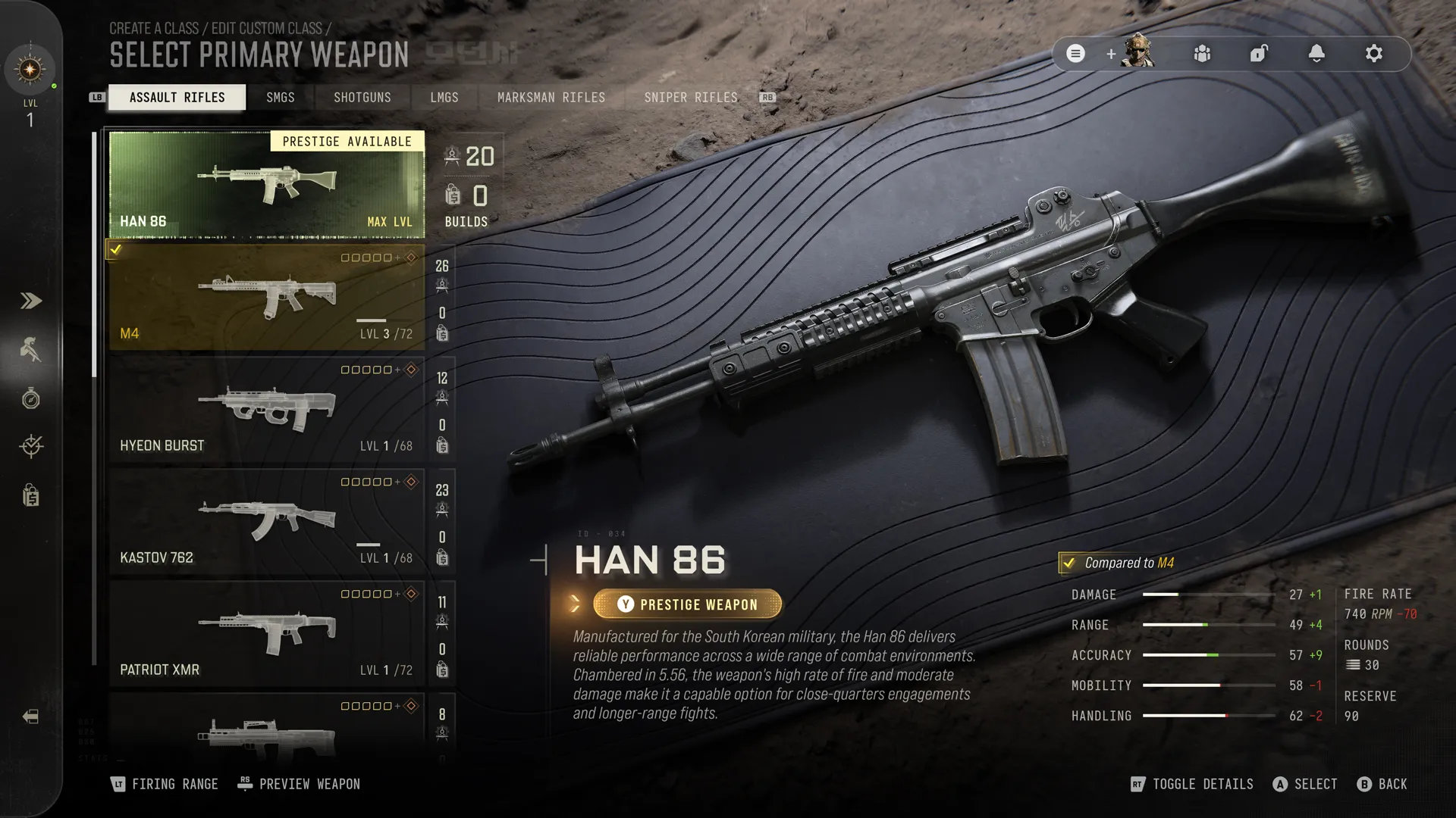 The MW4 weapon select screen with the Han 86 at max level and Prestige Available