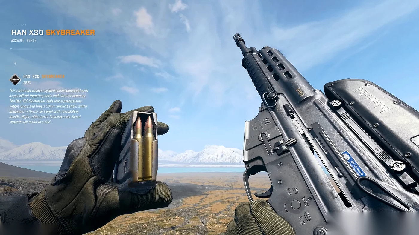 The Han X20 Skybreaker Apex attachment in MW4, an airburst launcher on the Han 86