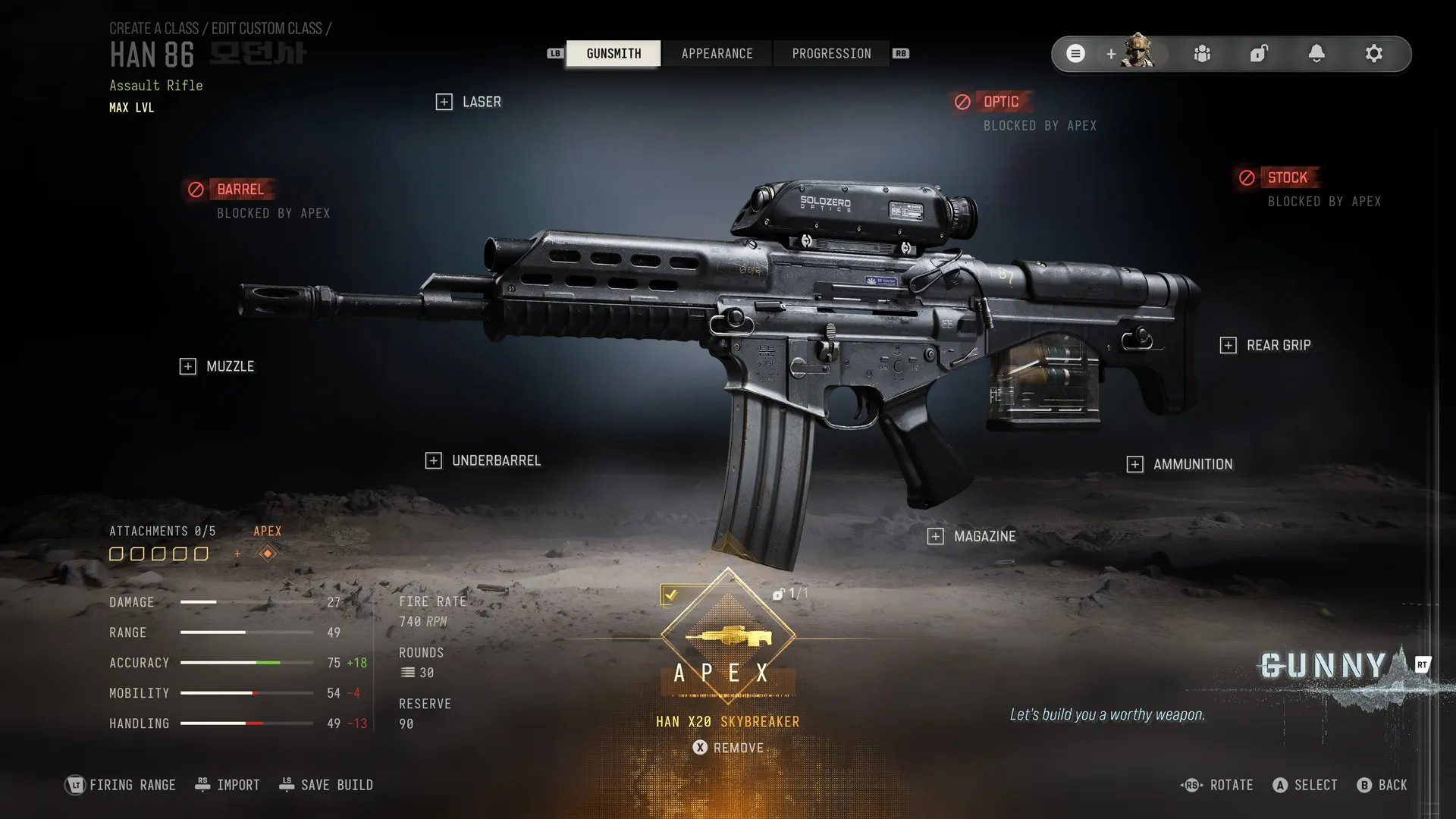 The MW4 Gunsmith with the Han X20 Skybreaker Apex attachment equipped and the blocked barrel, optic and stock slots