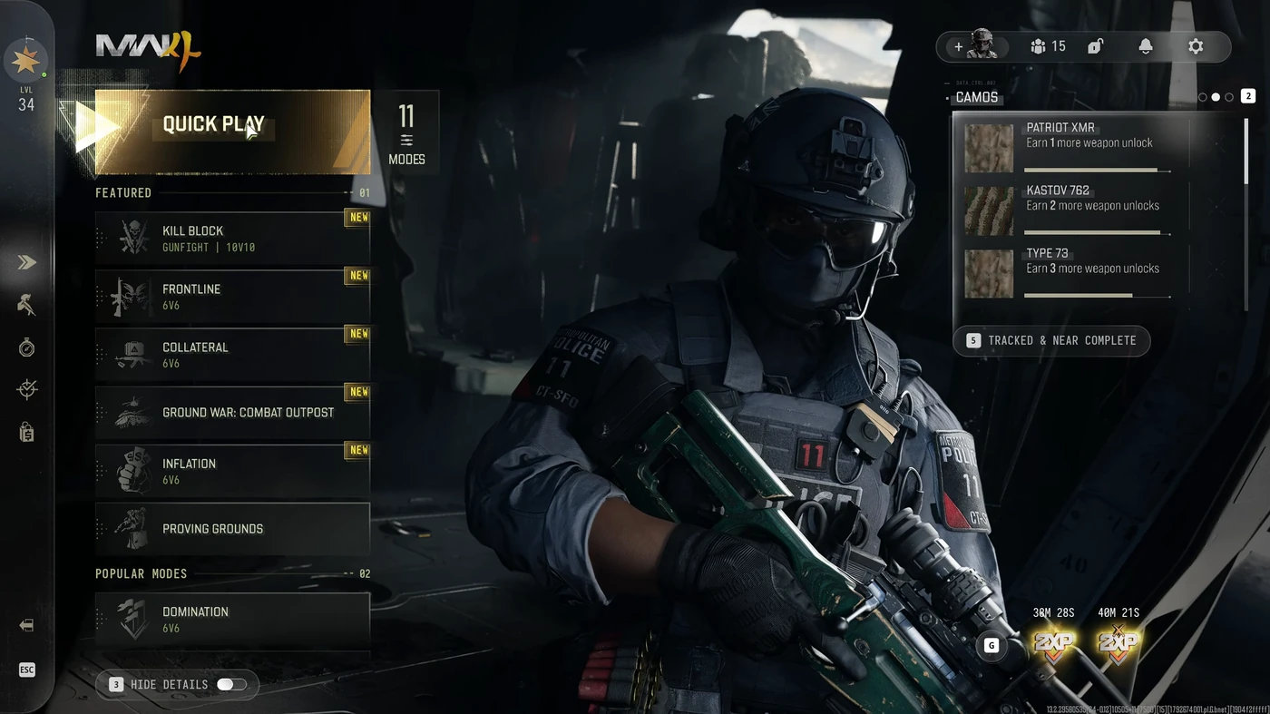 Das Schnelles-Spiel-Menü von MW4 mit den neuen Modi Kill Block, Frontline, Collateral, Combat Outpost und Inflation