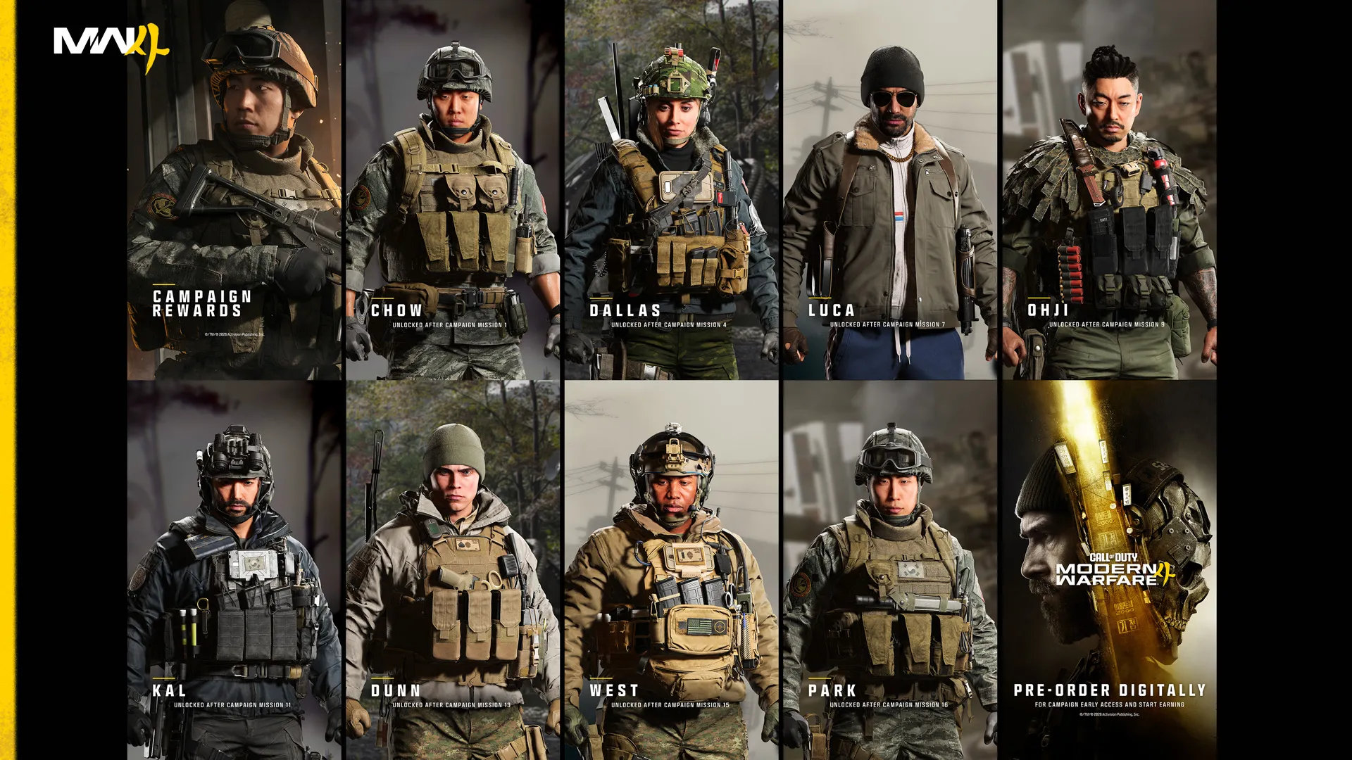 Die Belohnungen für den Abschluss der MW4-Kampagne: Operator, eine Visitenkarte, ein Emblem und Doppel-EP-Token