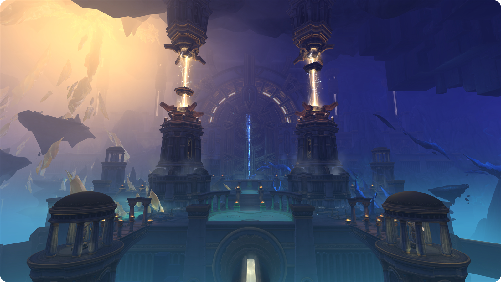 Titan towers channeling light in the Worldcore zone