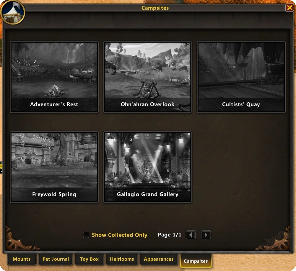Onglet des campements dans le journal des collections de WoW