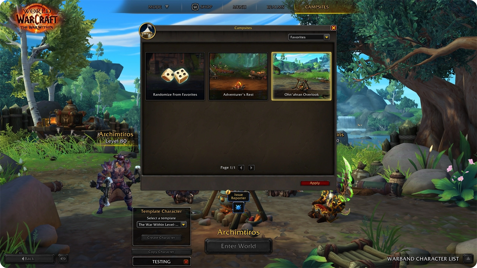 Interface de sélection des campements de bataillon sur l'écran de sélection des personnages de WoW
