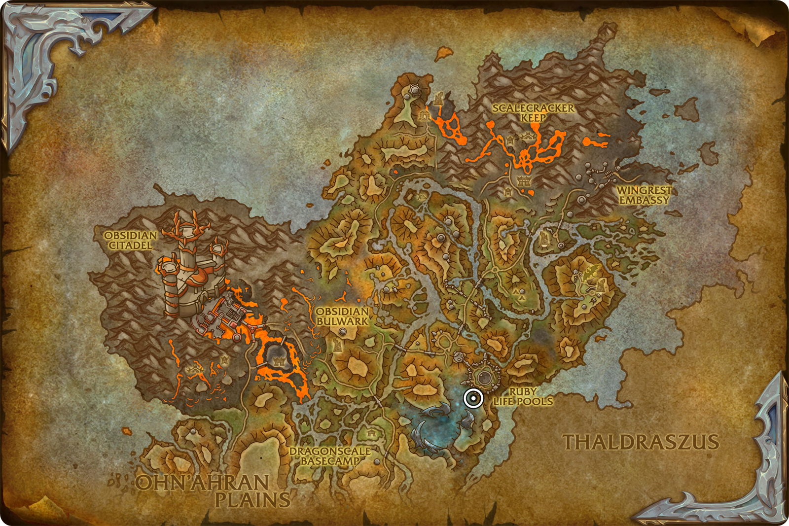 Ruby Life Pools dungeon entrance marked on The Waking Shores map