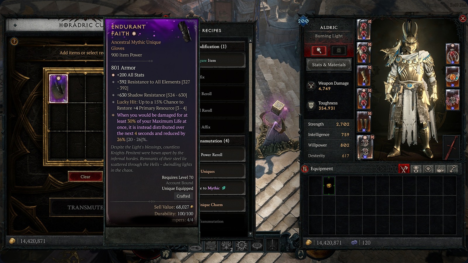 Crafted Ancestral Mythic Unique gloves tooltip with the Crafted and Unique Equipped tags