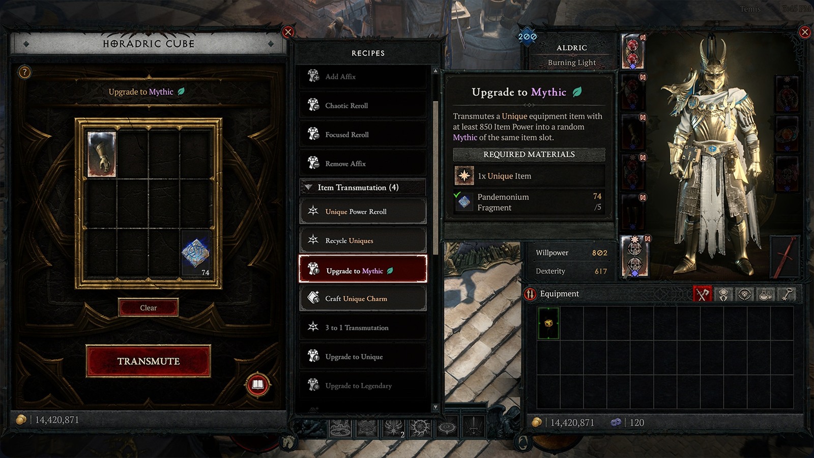 Upgrade to Mythic recipe in the Horadric Cube requiring a Unique item and Pandemonium Fragments