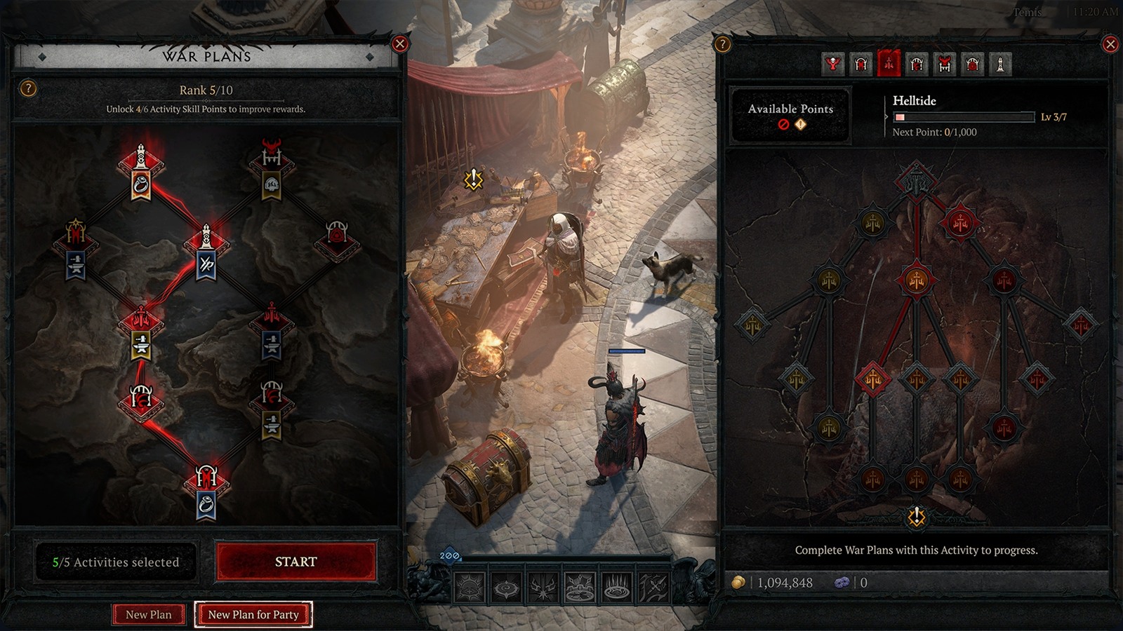 War Plans board and Helltide activity skill tree at Temis
