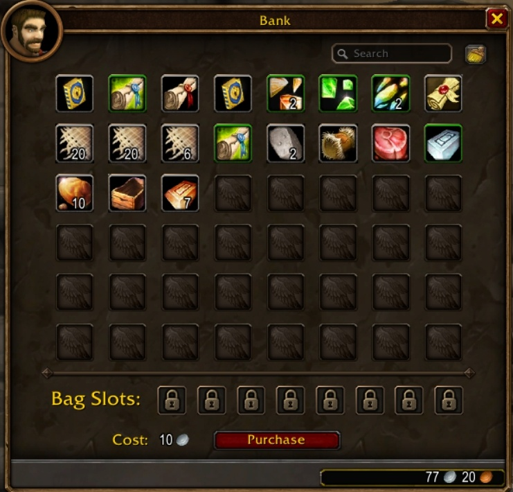 WoW Forever bank window with 48 slots, 8 bank bag slots and the 10 silver price of the first bag slot