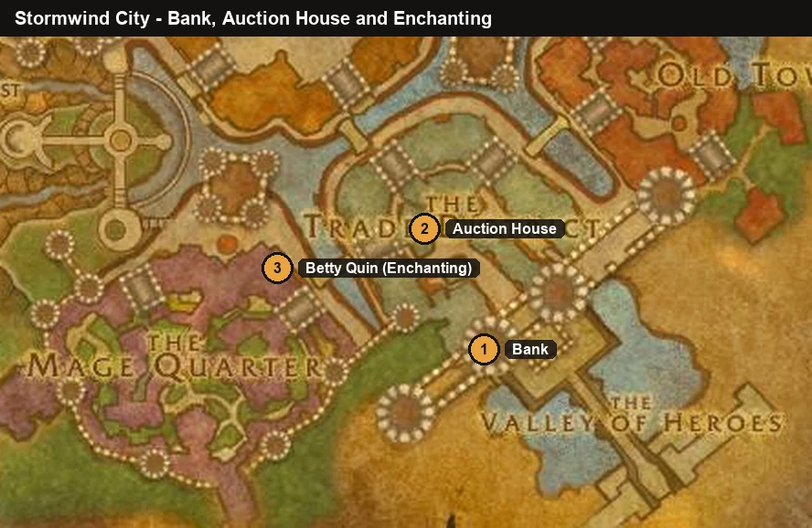 WoW Forever Stormwind map with the bank, Auction House and Enchanting trainer Betty Quin in the Trade District