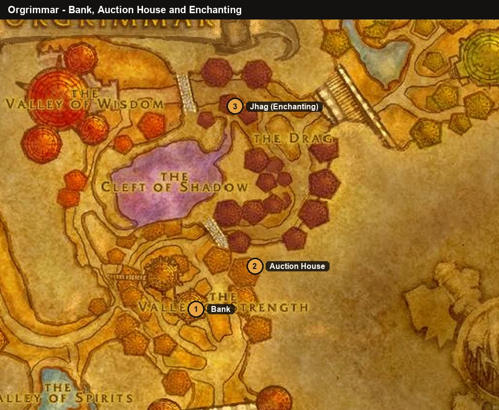 WoW Forever Orgrimmar map with the bank and Auction House in the Valley of Strength and Enchanting trainer Jhag