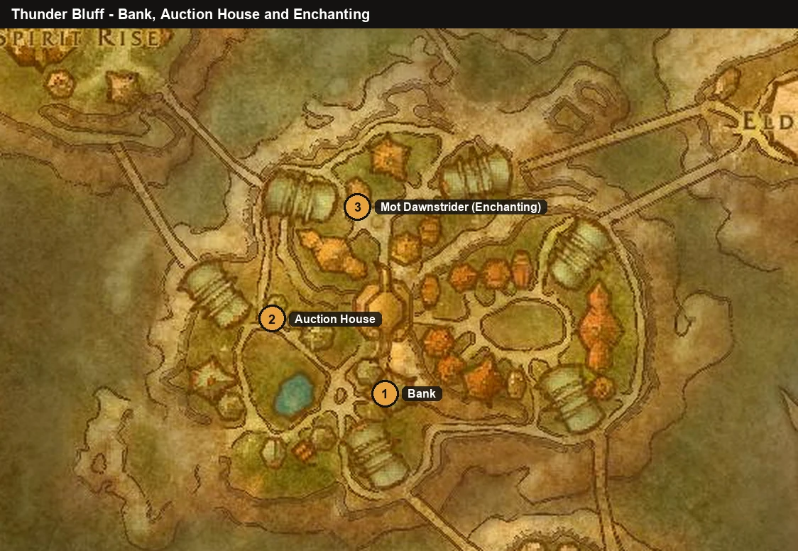WoW Forever Thunder Bluff map with the bank, Auction House and Enchanting trainer Mot Dawnstrider
