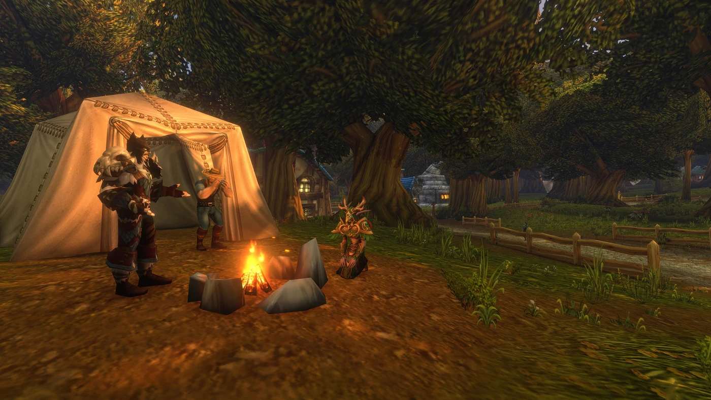 Joueurs réunis autour d'un feu de camp à côté d'une Tente du camp dans WoW Forever