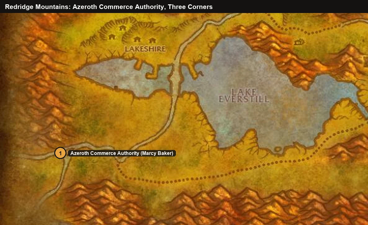 Carte des Carmines avec le camp de l'Administration commerciale d’Azeroth aux Trois chemins