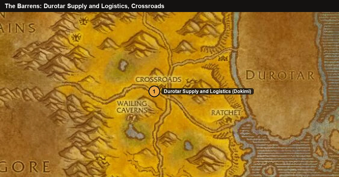 Carte des Tarides avec le camp des Transports logistiques Durotar à côté de la Croisée
