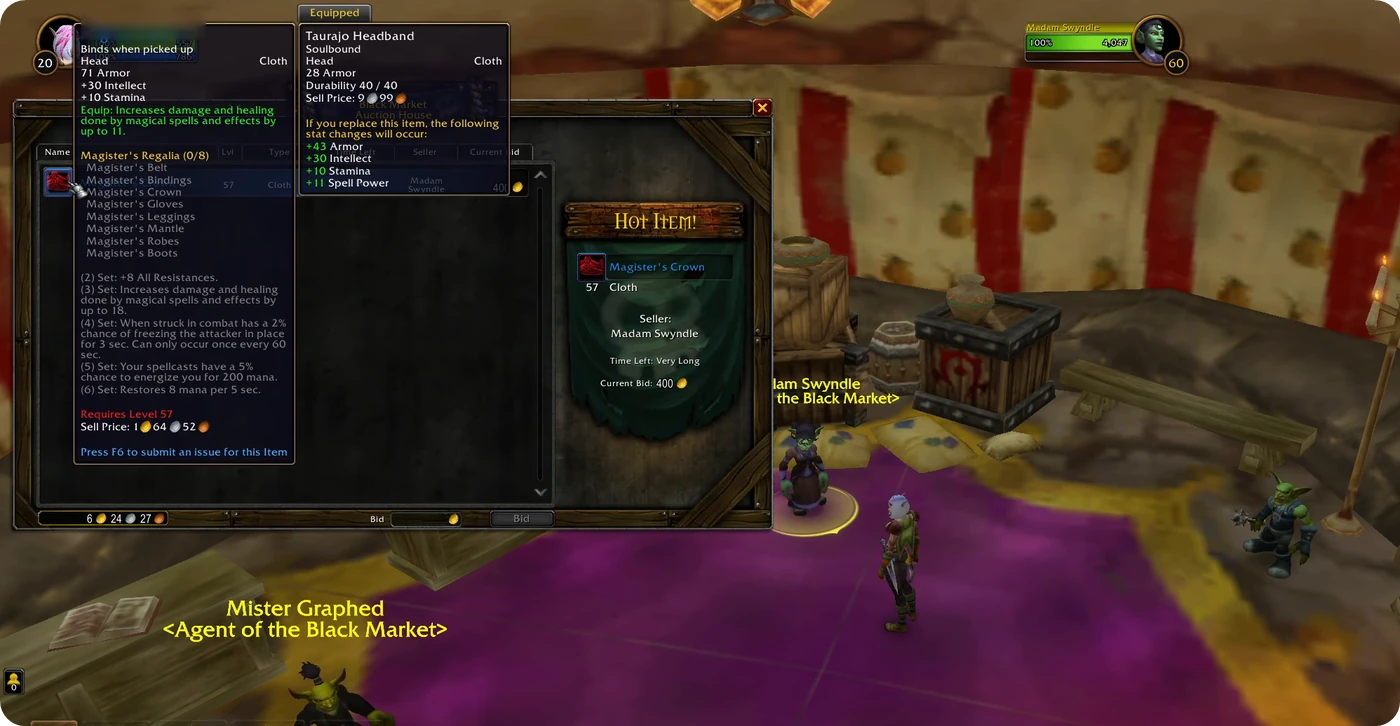 Auktionsfenster von Madame Swyndle mit einer Krone des Magisters für 400 Gold