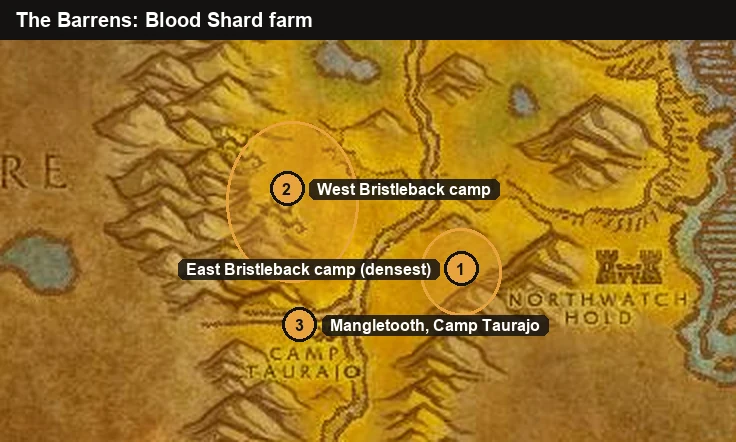 WoW Forever Blood Shards farm map in the Barrens with both Bristleback camps and Mangletooth in Camp Taurajo