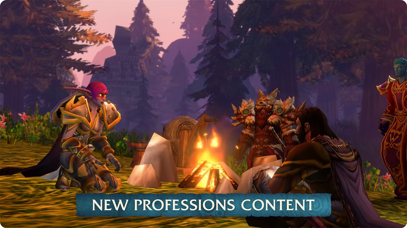 Players resting at a campfire in the WoW Forever gameplay trailer