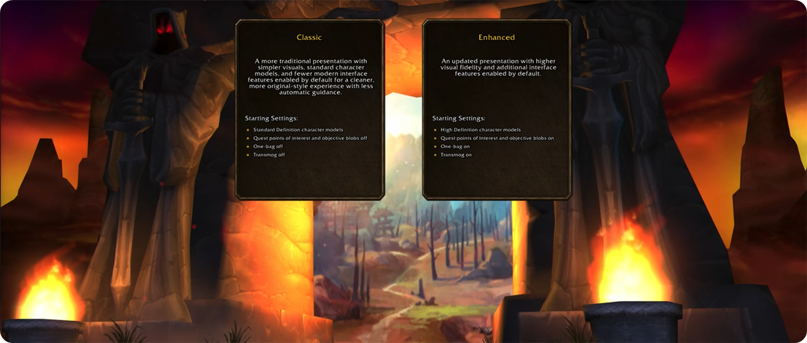 Cartes prédéfinies Classique et Améliorée avec leurs paramètres de départ sur l'écran de connexion de WoW Forever