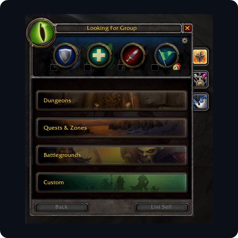 L'outil de recherche de groupe de WoW Forever arbore le cadre classique de ClassicUI Forever.