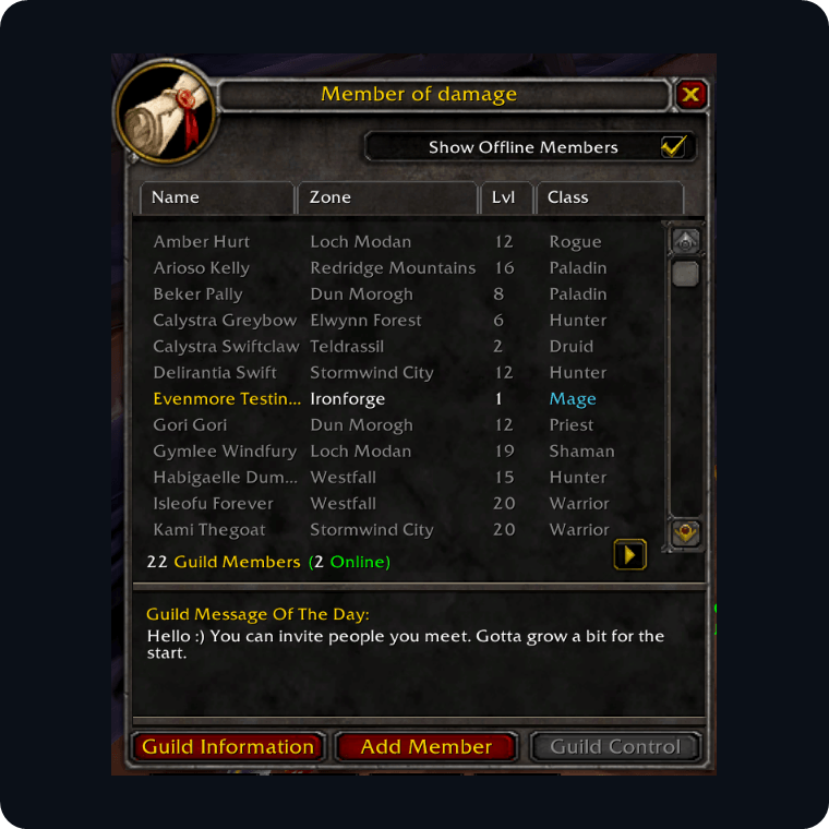 Onglet de la liste des guildes de ClassicUI Forever dans la fenêtre sociale classique