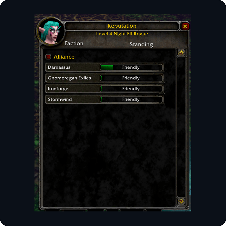 Onglet de réputation ClassicUI Forever avec barres de faction classiques