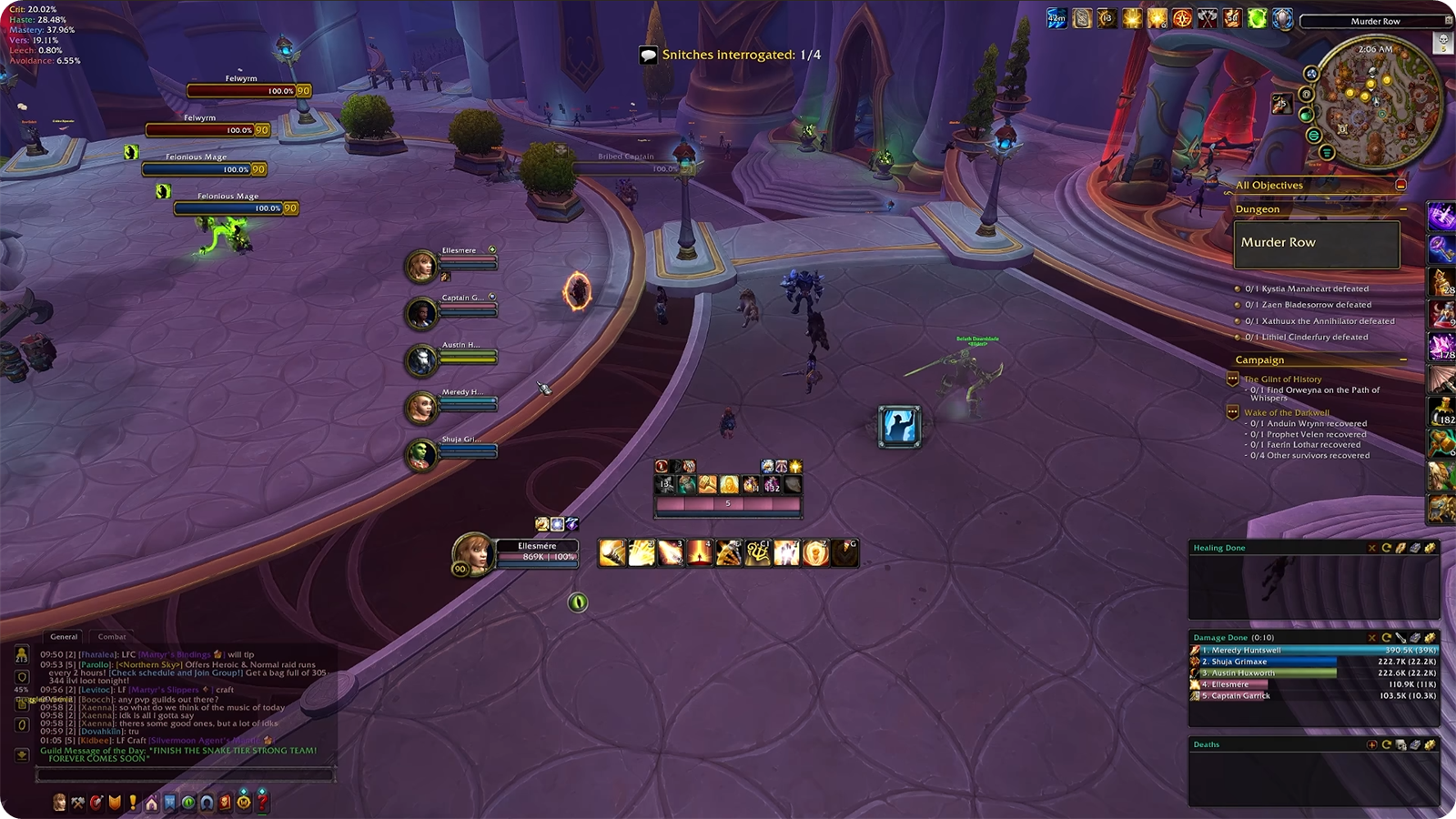 EllesmereUI: Interface utilisateur classique de WoW avec plaques de nom, cadres de groupe, cadre de joueur et indicateurs de dégâts classiques.