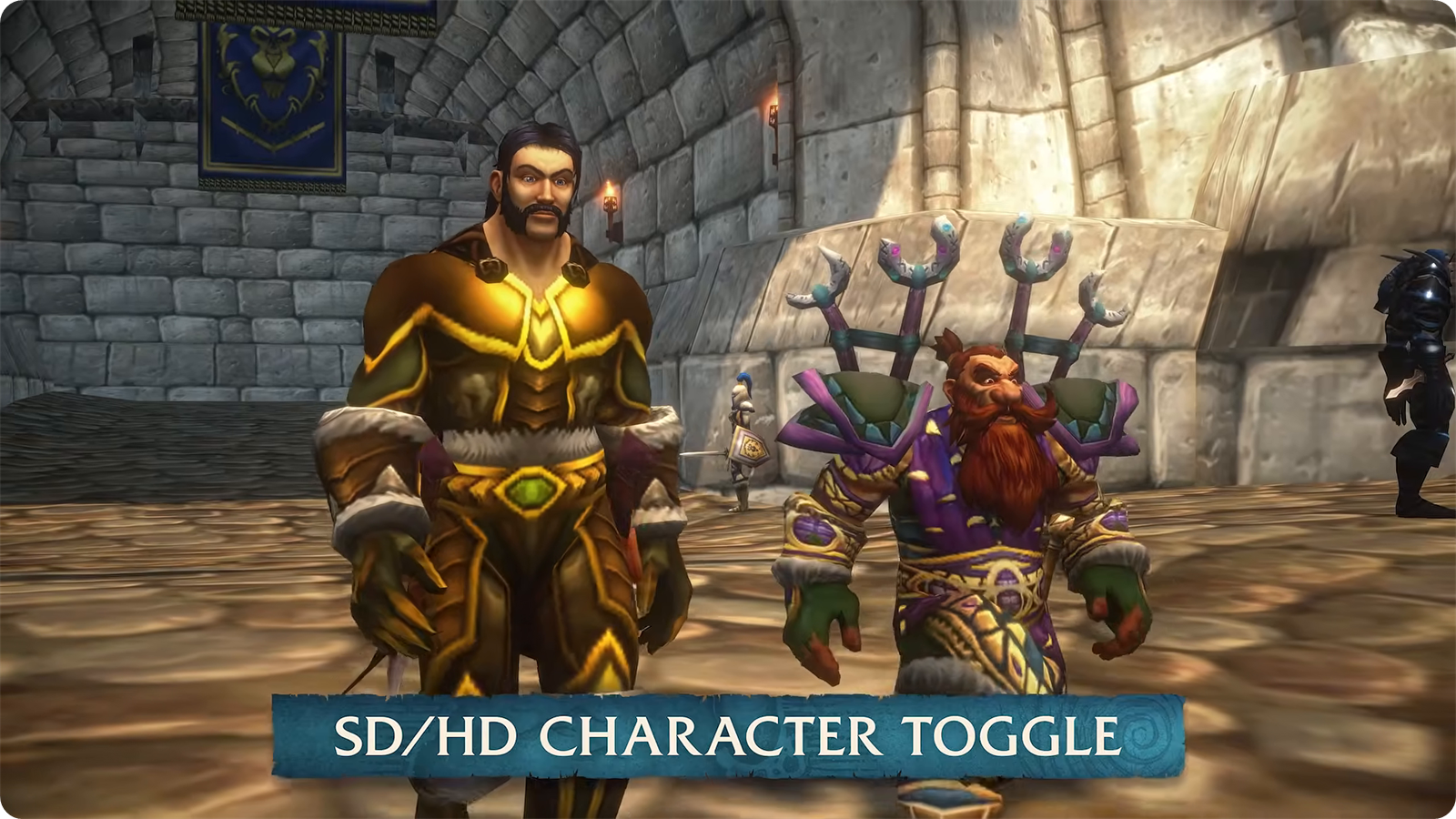 A human and a dwarf switching between SD and HD models in WoW Forever