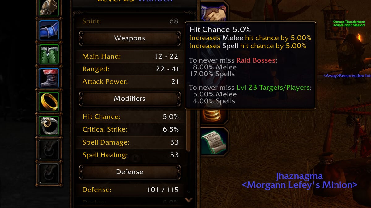 WoW Forever Hit Chance tooltip in the character panel showing the hit cap for raid bosses and same-level targets