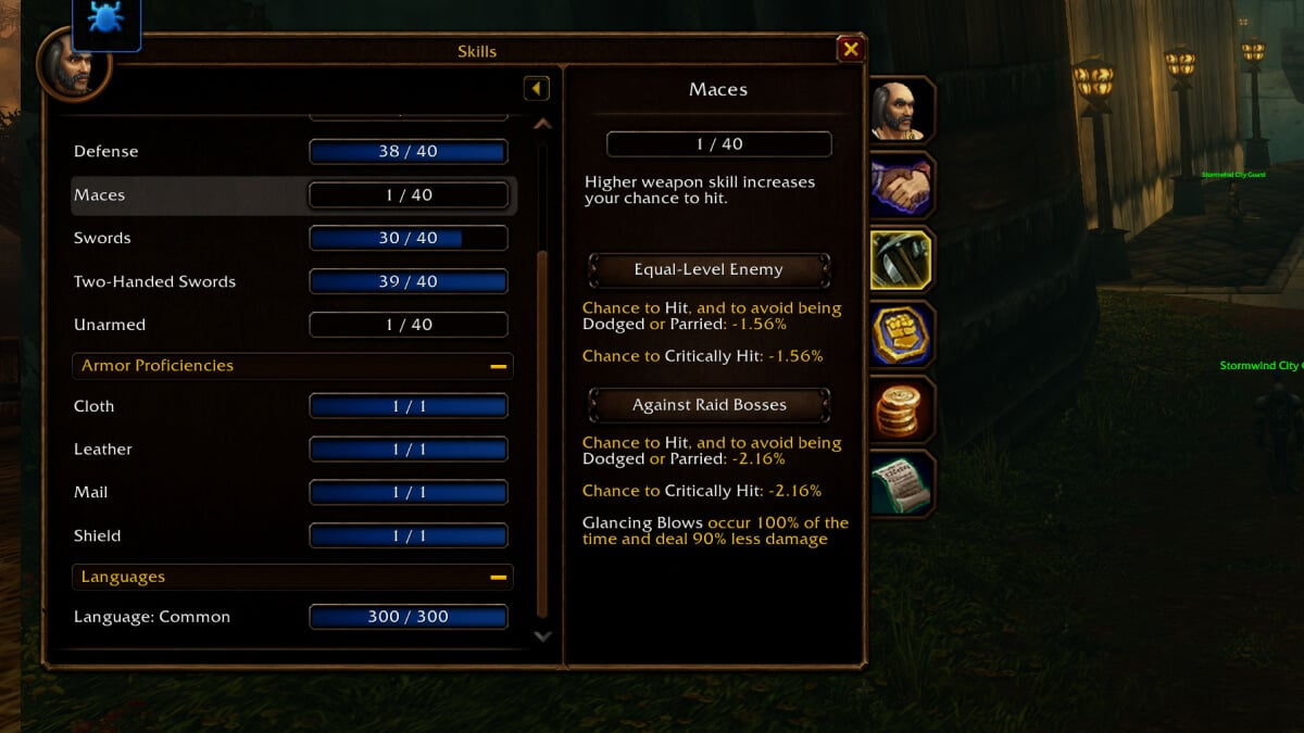 WoW Forever Skills tab with Maces at 1 of 40 weapon skill, hit penalty and glancing blows