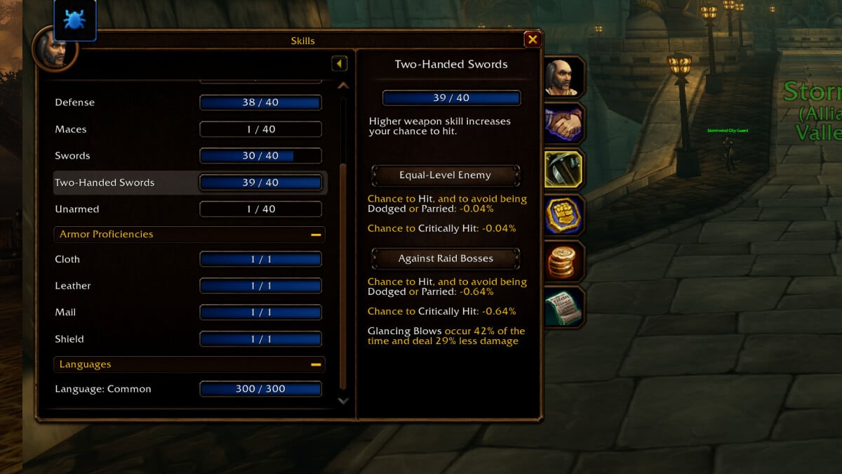 WoW Forever Skills tab with Two-Handed Swords at 39 of 40 weapon skill, hit penalty and glancing blows