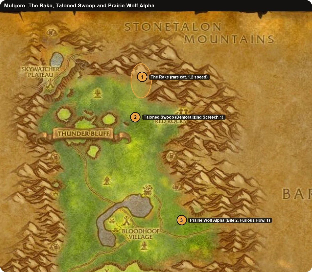 Mulgore map with The Rake, Taloned Swoop and Prairie Wolf Alpha in WoW Forever