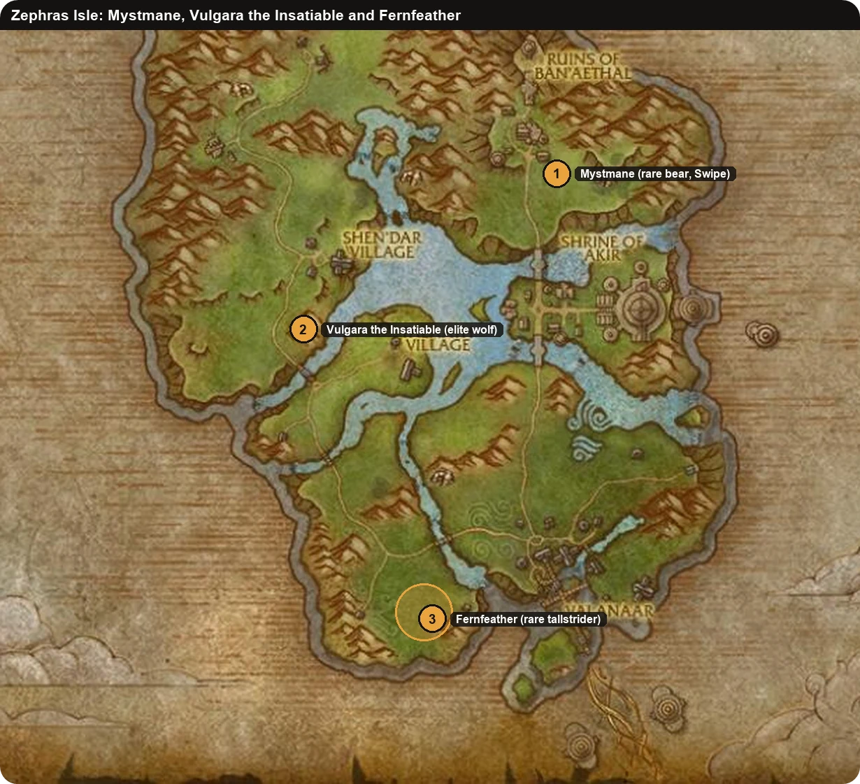 Zephras Isle map with Mystmane, Vulgara the Insatiable and Fernfeather in WoW Forever