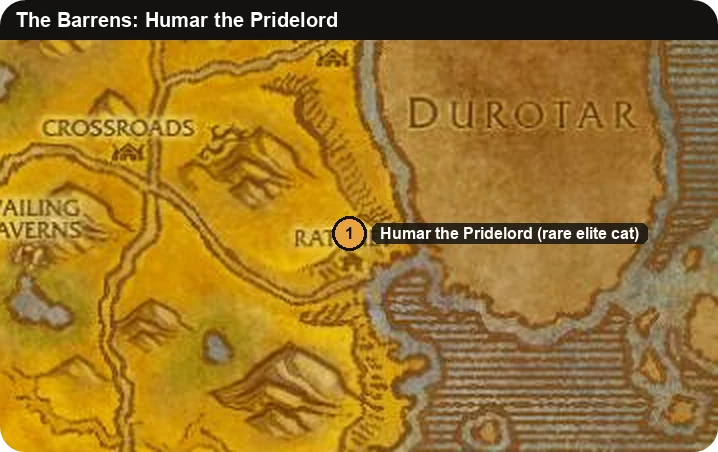 The Barrens map with the Humar the Pridelord spawn north of Ratchet in WoW Forever